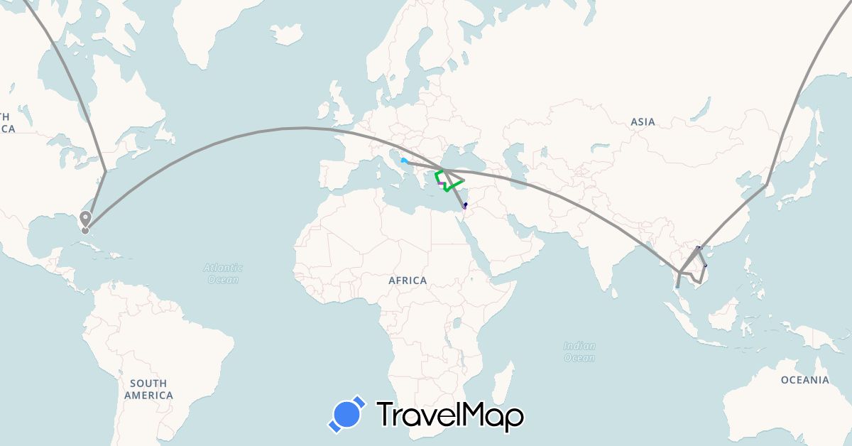 TravelMap itinerary: driving, bus, plane, train, boat in Croatia, Israel, Cambodia, South Korea, Thailand, Turkey, United States, Vietnam (Asia, Europe, North America)